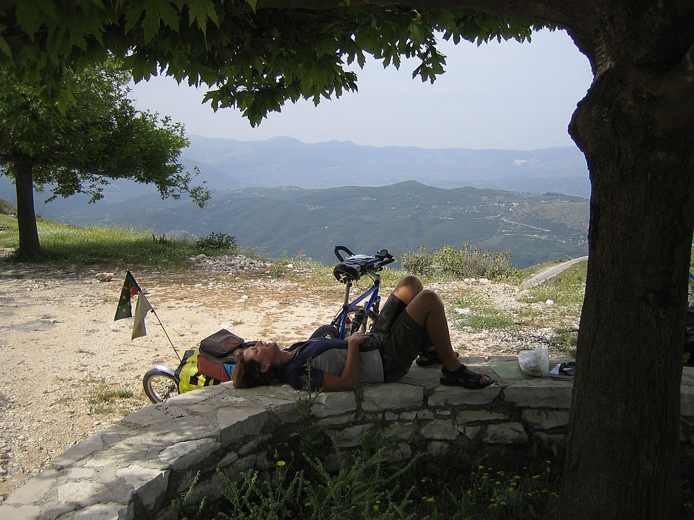 Gaye relaxing(exhausted actually) enroute across the Pindos Mountain Range. Central Greece