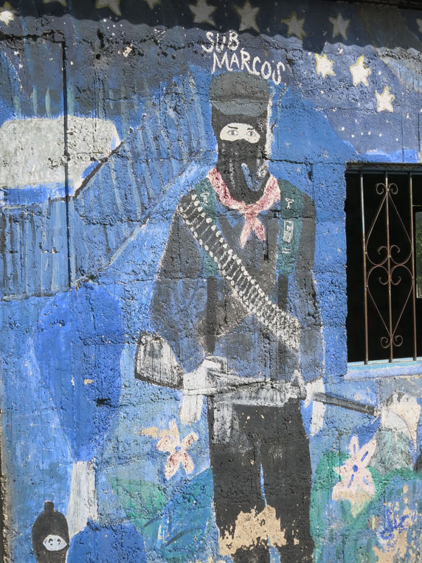 Sub-commander Marcos - part of a huge pro-rebellion mural on the walls of a primary school